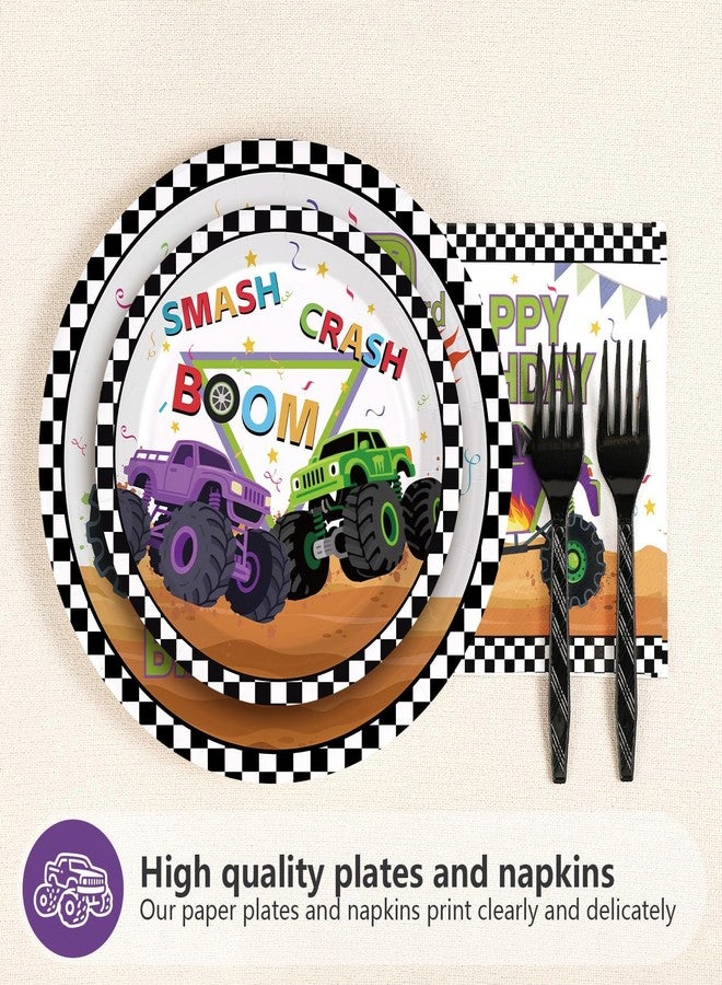 Grencian 96 Pcs Monster Theme Truck 3rd Birthday Party Supplies Green Purple Truck Plates and Napkins Checkered Tableware Set Monster Birthday Decorations for 3rd Kids Boys Monster Themed Truck Party Serves 24 - Image 3